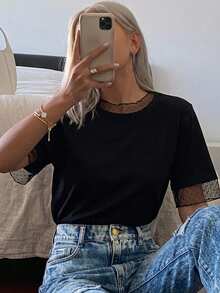 FRIFUL Women's Summer Spring Solid Color Sheer Mesh Loose Casual Versatile T-Shirt - Black - View 3