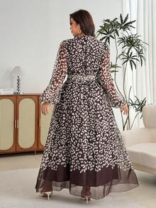 Modelyn Plus Size Women's Fashion Minimalist Elegant Cinched Cinched Waist Flared Dress - Coffee Brown - View 2