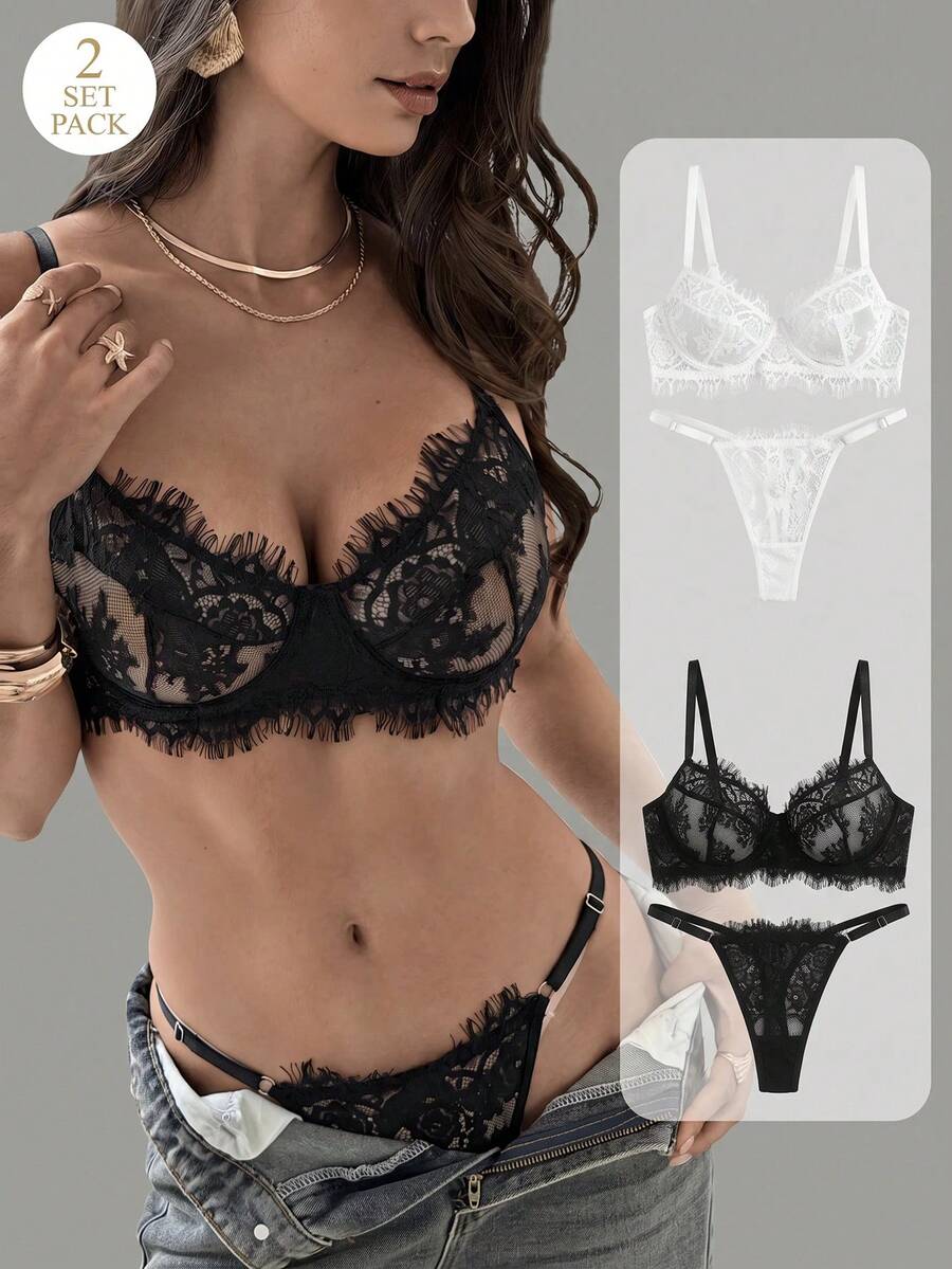 Aloruh 4pcs Women Floral Lace Comfortable Lingerie Set - Multicolor - View 1