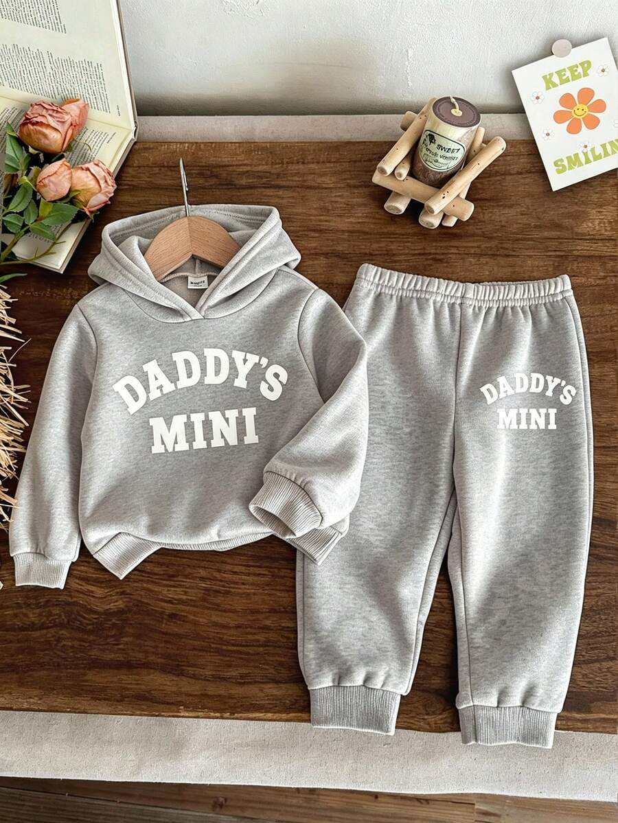 女嬰休閒極簡 DADDY'S MINI 字母圖案灰色花卉針織軟綿舒適連帽寬鬆長袖衛衣褲套裝,適合秋冬,女嬰秋季服飾套裝 - 淺灰色 - 查看 1