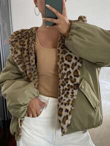 DAZY Patchwork Leopard Print Faux Fur Loose Long Sleeve Hooded Thickened Autumn/Winter Women's Padded Coat Jacket - Army Green - View 4
