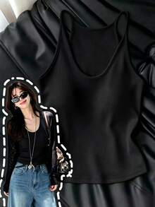 Resyla Camiseta de tirantes de unicolor versátil para uso diario, estilo coreano para mujer - Negro - Ver 4