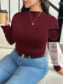 SHEIN Frenchy تيشيرت أكمام قصيرة بأزرار على الرقبة، بنمط مجعد وتصميم نحيف للأحجام الكبيرة - عنابي اللون - مشاهدة 1