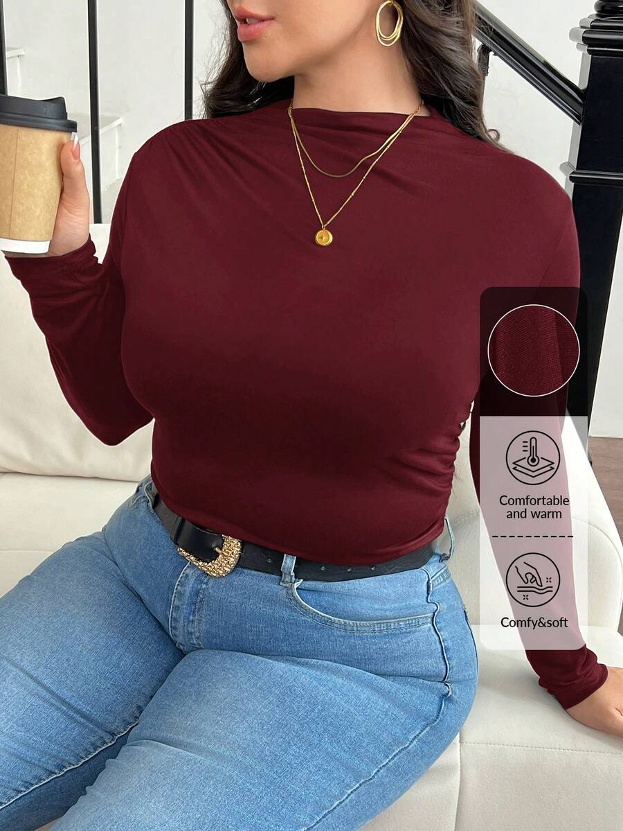SHEIN Frenchy تيشيرت أكمام قصيرة بأزرار على الرقبة، بنمط مجعد وتصميم نحيف للأحجام الكبيرة - عنابي اللون - مشاهدة 1