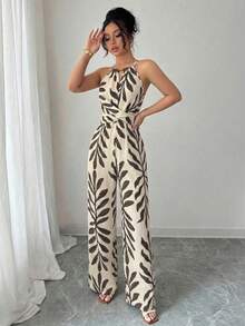 EMERY ROSE Women's Elegant Casual Beige Base With Brown Design Linen Fabric Halter Beaded Design Waist Bow Tie Design Jumpsuit, Spring/Summer ,Petite Women - Multicolor - View 4