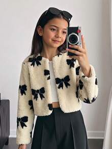 SHEIN SHIEN 青少年女孩黑色蝴蝶結印花人造毛皮夾克，適合派對、秋冬穿著 - 黑與白 - 查看 1