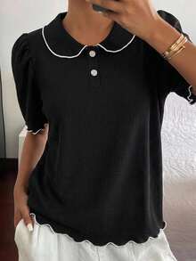 FRIFUL Women's Polo Collar Puff Sleeve Contrast Trim T-Shirts - Black - View 4