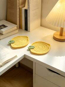 2Pcs Hand Crocheted Imitation Lemon Coaster, Fresh Style Coffee Cup Mat - Multicolor - View 3