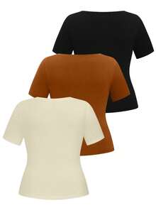 SHEIN LUNE 3pcs Plus Size Basic Crew Neck Short Sleeve T-Shirts - Multicolor - View 2