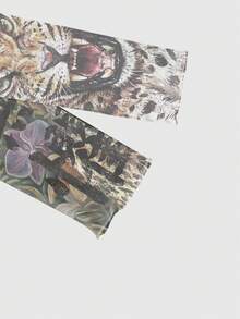 ROMWE Avant New Chinese Style Dark Punk Leopard Print Forest Plant Sexy Mesh Sheer Long Sleeve Women's Top - Black - View 4