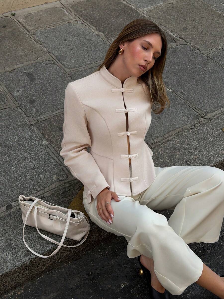 Firerie Apricot Color Stand Collar Waist Tie Casual Elegant Daily Overcoat Day Date Autumn Winter Overcoat New Chinese Style Business Chic Classic - Apricot - View 1