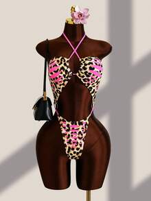 Swim SXY Sexy Leopard Print Cutout Spaghetti Strap One-Piece Swimsuit Beach Club Party Pink Leopard Print Summer - Multicolor - View 5