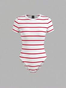 SHEIN BASICS 女款連身衣夏季穿搭，適合城市短途旅行度假，紅白條紋休閒熱帶風 - 紅白色 - 查看 8