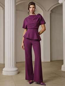 ZEYLAH Women's Solid Color Top And Pants Casual Daily Set - Red Violet - View 3
