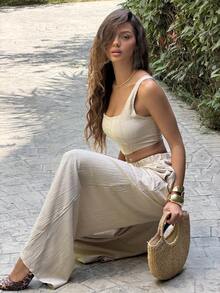 Sindi Myftari New Spring/Summer Vacation Casual Fishbone Strap Top & Wide Leg Pants With Pockets 2 Pieces Set, Textured Fabric Material - B Elegant - Khaki - View 7