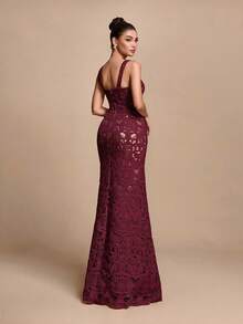 Glamine Women's Solid Color Hollow Design Fitted Elegant Sexy Spaghetti Strap Evening Dress Wedding Dinner Party Burgundy Summer - Burgundy - View 2