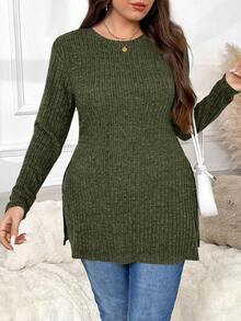 SHEIN Frenchy Plus Size Casual Solid Color Split Hem Long Sleeve T-Shirt, Autumn Fall - Dark Green - View 4