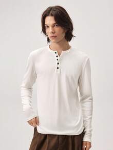 Vaulklash Men's Solid Color Minimalist Casual Long Sleeve Old Money Henley Collar Base Layer White T-Shirt, For Fall/Winter - White - View 4