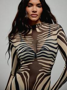 KIZN Zebra Print Placement Long Sleeve High Neck Bodycon Maxi Dress Party Evening Floor Length - Multicolor - View 2