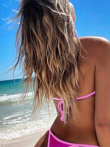 Swim Vcay Summer Beach Contrast Binding Halter Triangle Bikini Set - Hot Pink - View 5