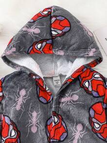 SHEIN 秋冬季小男孩超级英雄印花双面法兰绒阻燃连帽浴袍 - 灰色 - 查看 5