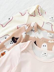 SHEIN Playful Pals Baju Terusan Bayi Baru Lahir Motif Lucu untuk Halloween, Set Pakaian Rumah 3 Potong, Motif Hantu Kecil yang Menggemaskan. - Aprikot - View 5