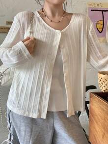 Dazy Plus Cardigan Wanita Ukuran Besar Kasual Warna Putih Leher Bulat Lengan Panjang, Atasan Lucu untuk Musim Semi/Panas - Putih - View 8