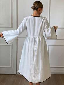 DAZY Camisón de mujer con bloques de color y nudo, corte holgado, estilo lindo, para otoño/invierno - Blanco - Ver 2
