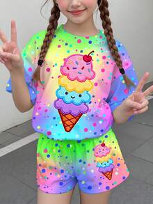 少女休閒極簡可愛夏季冰淇淋圖案，彩色波點紮染印花，甜美奶油風，度假風，短袖短褲兩件套，適合夏季，圖案，舒適，女孩套裝，Y2K，Kawaii - 彩色 - 查看 2