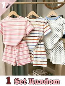 Souflis Souflis (1 Set Acak) Set Kaos Pendek dan Celana Pendek Kasual Motif Bunga dan Pita Garis-garis Pink untuk Anak Perempuan - MultiWarna - View 2