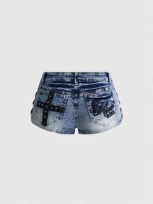 ROMWE Grunge Punk Y2K 千禧辣妹骷髏刺繡十字鉚釘超低腰女款牛仔短褲 - 藍色 - 查看 1