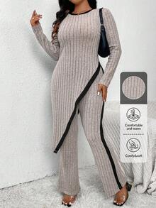 SHEIN Frenchy Plus Size Asymmetrical Hem Elegant Knitted 2 Pieces Set For Ladies Fall - Multicolor - View 1