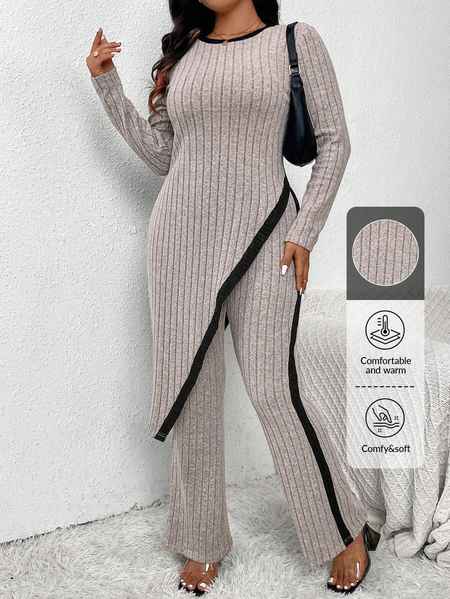 SHEIN Frenchy Plus Size Asymmetrical Hem Elegant Knitted 2 Pieces Set For Ladies Fall - Multicolor - View 1