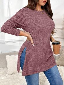 SHEIN Frenchy Plus Size Casual Solid Color Split Hem Long Sleeve T-Shirt, Autumn Fall - Pink - View 1