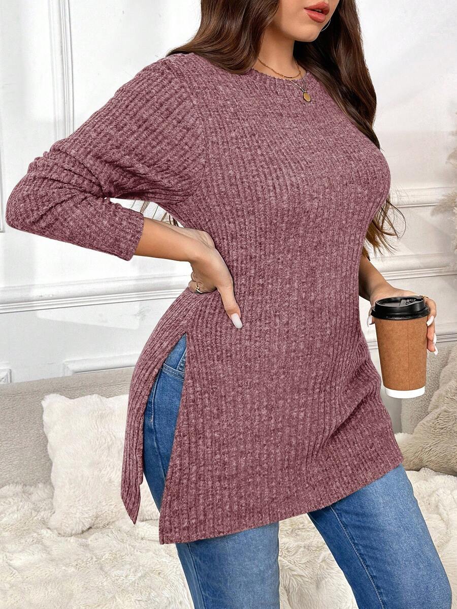 SHEIN Frenchy Plus Size Casual Solid Color Split Hem Long Sleeve T-Shirt, Autumn Fall - Pink - View 1
