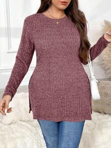 SHEIN Frenchy Plus Size Casual Solid Color Split Hem Long Sleeve T-Shirt, Autumn Fall - Pink - View 4
