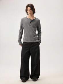 Vaulklash Men's Solid Color Simple Long Sleeve T-Shirt, Casual Daily Wear, Fall - Grey - View 7