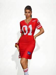 Gowayae Gowayae Vestido corto de mujer con cuello en V y mangas cortas con abertura - Rojo - Ver 1