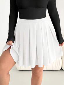 SHEIN Essnce Plus Size Women Solid Color Pleated Casual Versatile Daily Wear Skirt - White - View 6
