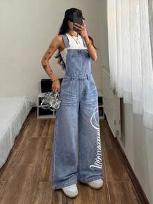 StreetHx Women's Letter Print Denim Overalls - Blue - View 4