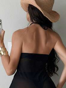 Swim SXY 2pcs Solid Color Mesh Patchwork Strapless Triangle Bikini Swimwear Set, Fashionable & Elegant - Black - View 6