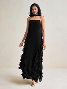SHEIN Black Side Ruffles Chiffon Spaghetti Straps Maxi Dress With Scarf Boho Elegant Vacation Summer Party Night Dinner - Black - View 7
