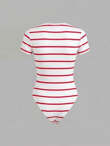 SHEIN BASICS 女款連身衣夏季穿搭，適合城市短途旅行度假，紅白條紋休閒熱帶風 - 紅白色 - 查看 7