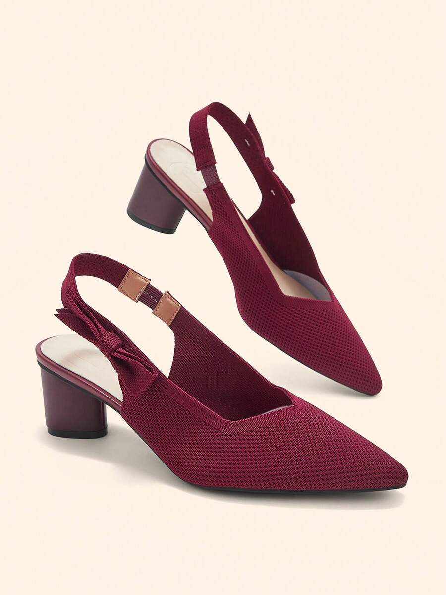 CUCCOO BASICS Ladies' Pointed, Thick Heel, Breathable Mesh, Bow Tie, Back Strap Shoes, Commuting Style, Versatile For Daily Dates, Single Shoe - Burgundy - View 1