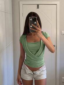 SHEIN BAE Sage Green Short-Sleeved T-Shirt With A Slouch Collar, Sexy Elegant Hot Girl, Comfortable And Casual, Brunch Summer - Mint Green - View 7