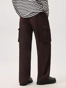 Men Flap Pocket Side Drawstring Waist Oversize Cargo Pants, Fall Wide Leg - Coffee Brown - View 3