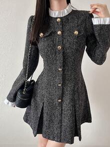 FRIFUL Gaun Pesta Kantor/Kencan Elegan Fashion Colorblock Wanita Warna Abu-abu Gelap Musim Gugur - Dark Grey - View 5