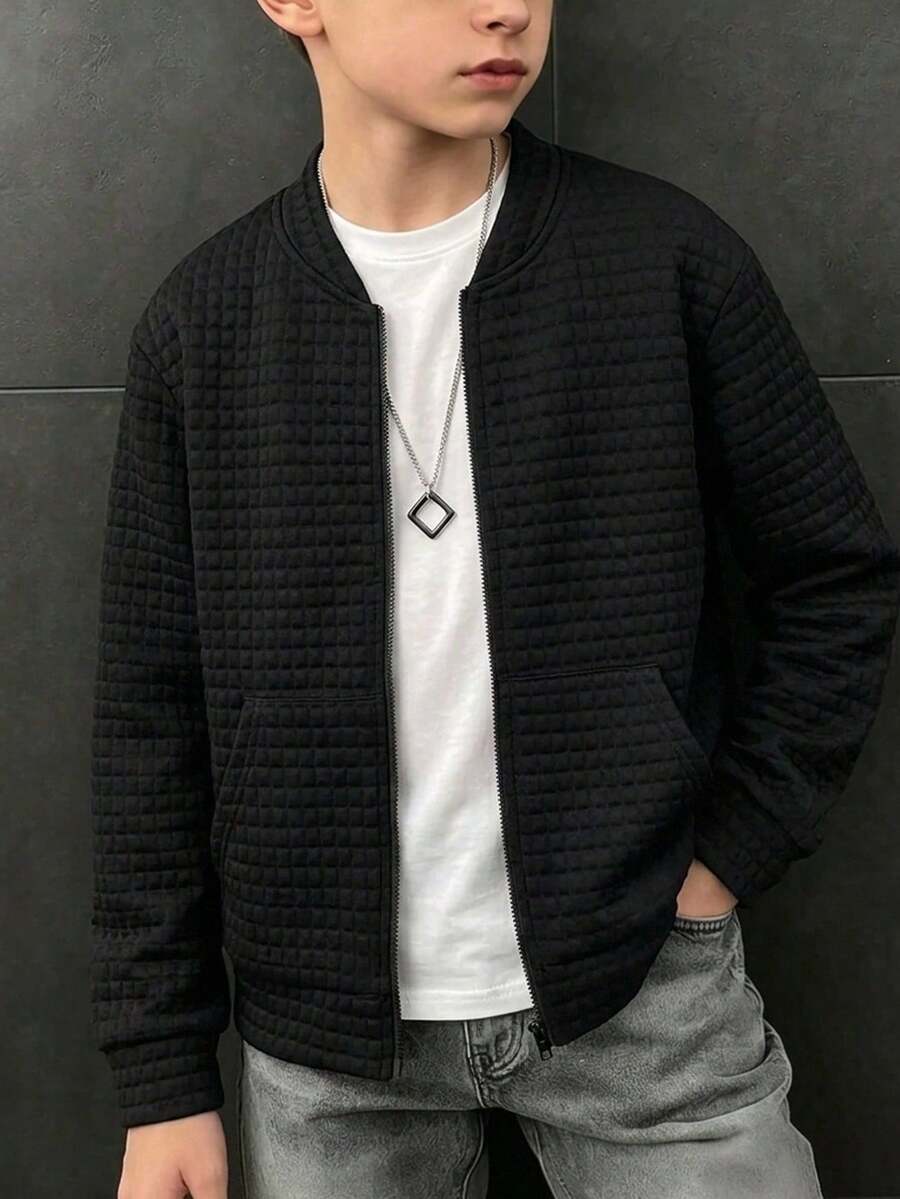 SHEIN 兒童青少年男孩休閒百搭紋理小格紋黑色棒球夾克外套,適合通勤、上學、日常休閒外出、運動,適合秋冬穿著 - 黑色 - 查看 1