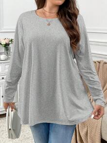 Firerie Plus Size Elegant Casual Loose Swing Long Sleeve Round Neck Solid Basic Tee, Suitable For Stay-At-Home Or Going Out Fall - Grey - View 2