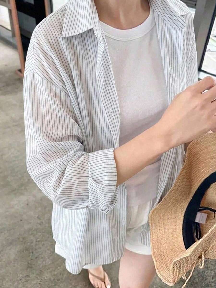 DAZY 女款寬鬆休閒防曬開襟襯衫外套,白色配藍色直條紋,純棉面料,長袖,有領 - 黑色 - 查看 1
